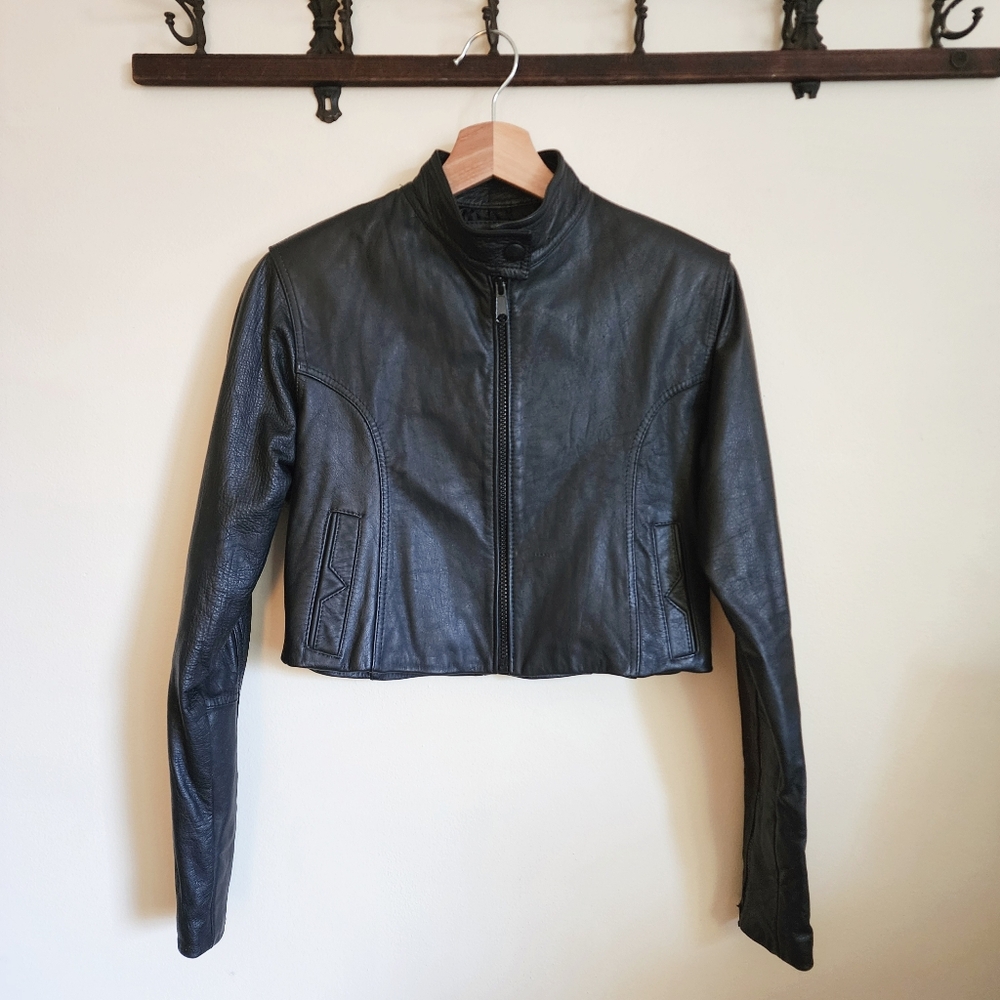 Vintage Cropped Leather Moto Racing Jacket